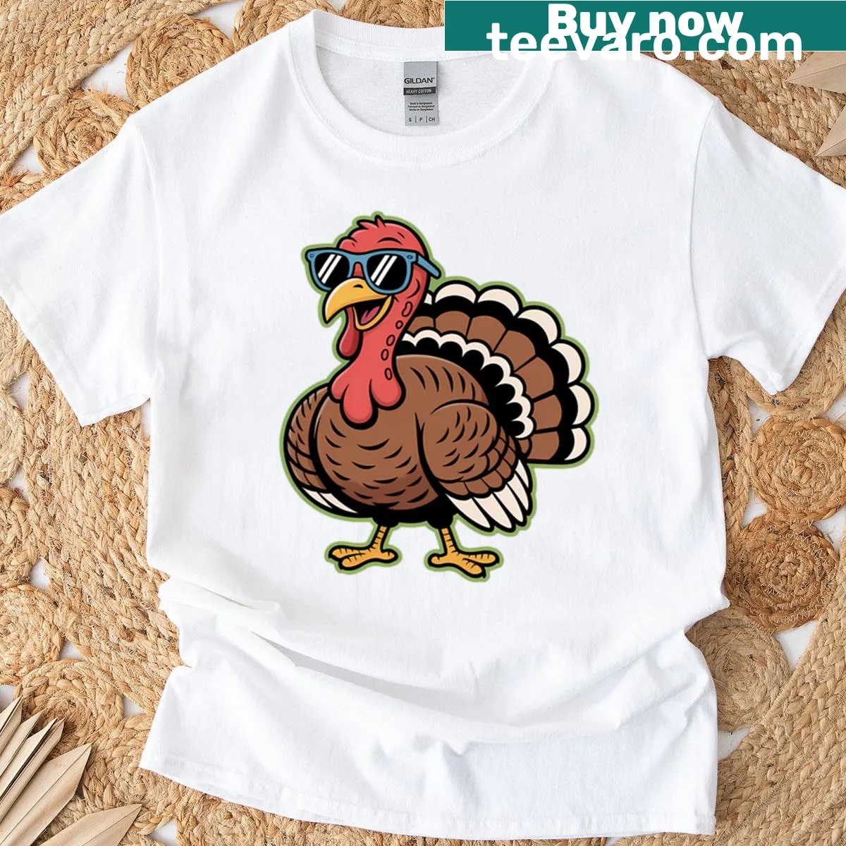 Cartoon turkey wearing shades on a Thanksgiving-themed t-shirt. — on a men's t-shirt