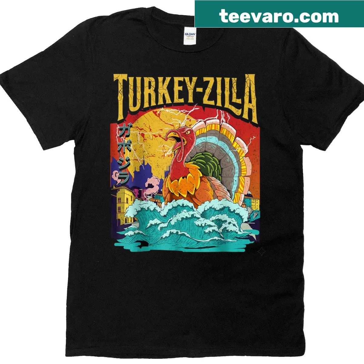 Thanksgiving T-shirt featuring a cartoon monster turkey — on a men's t-shirt