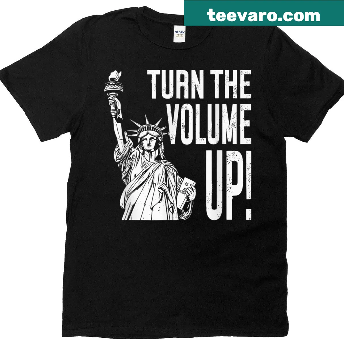 Funny t-shirt with text encouraging to turn up the volume — on a men's t-shirt