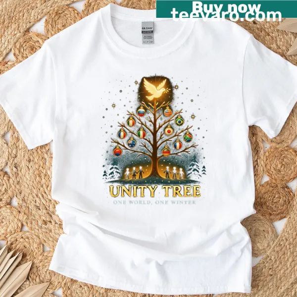 Illustrated peace tree with world flags and dove on a winter night scene