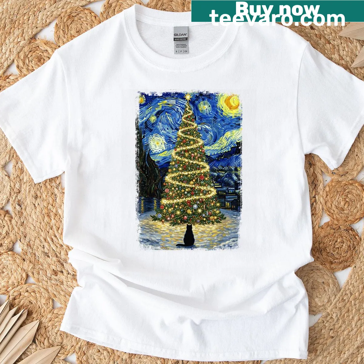 Cat by a Christmas tree in Starry Night art style — on a men's t-shirt