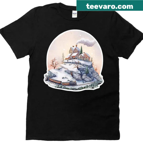 Vintage T-shirt with illustration of a train on a snowy mountain