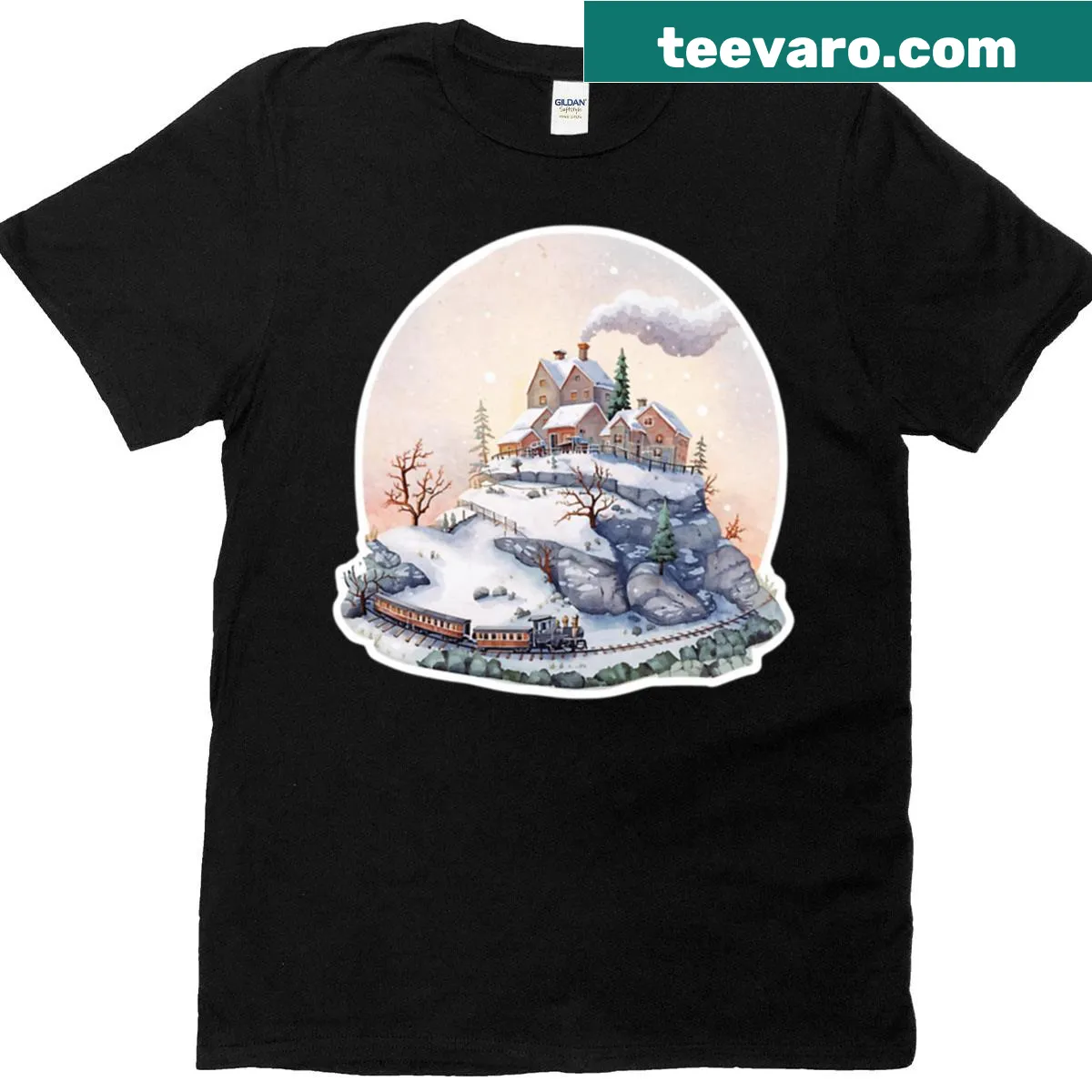 Vintage T-shirt with illustration of a train on a snowy mountain — on a men's t-shirt