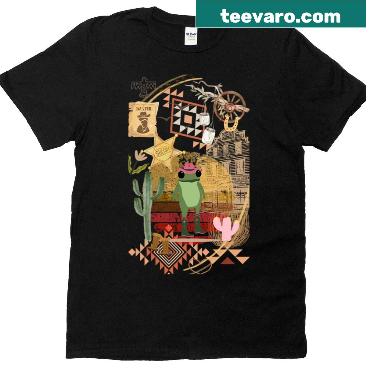 Playful cowboy frog graphic T-shirt for outdoor lovers — on a men's t-shirt