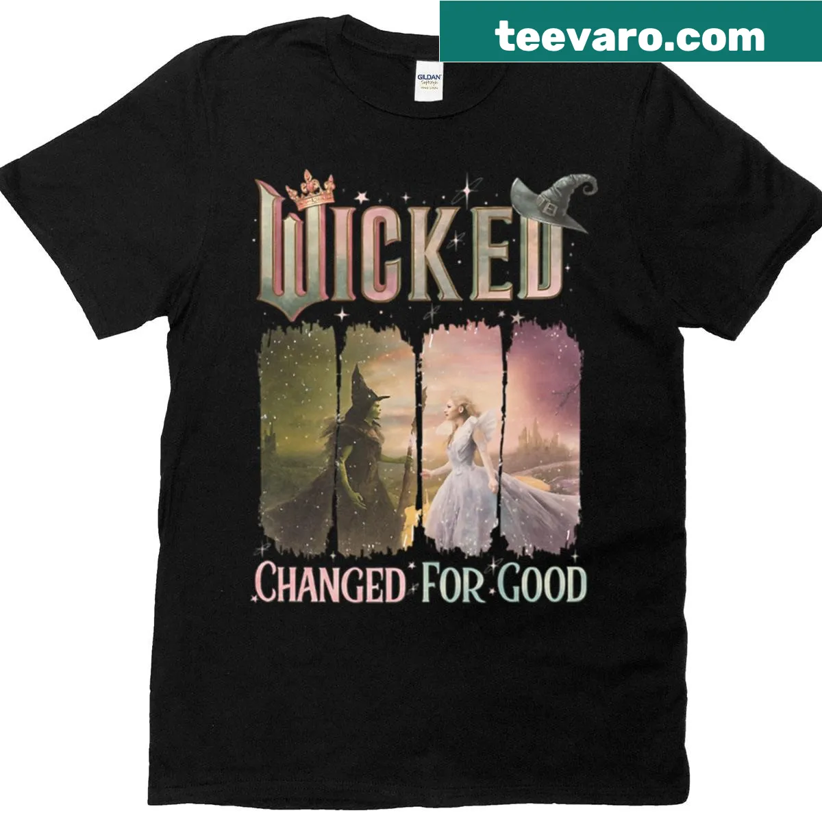 Wicked musical T-shirt featuring Elphaba and Glinda with 'Changed For Good' text — on a men's t-shirt