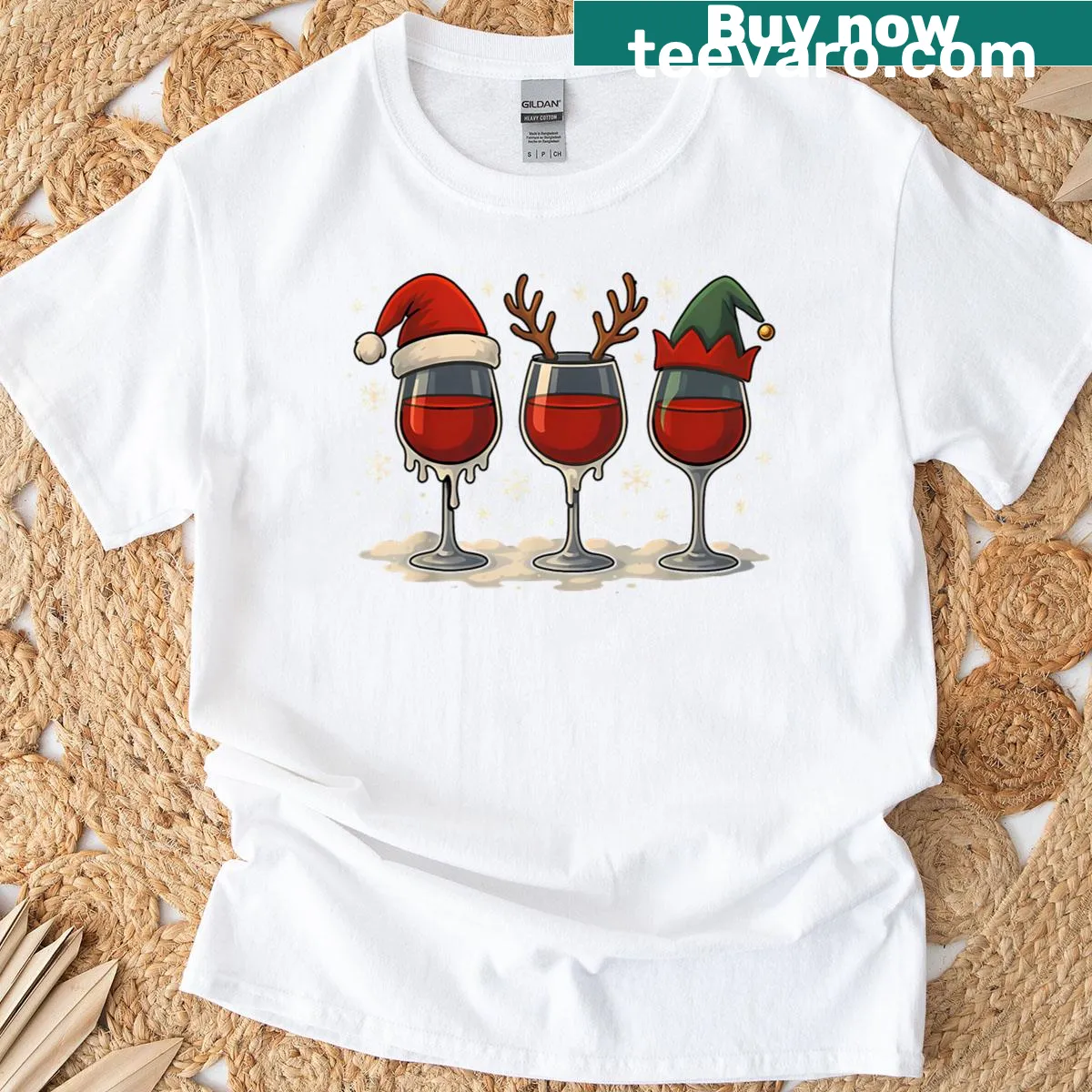 Funny Christmas t-shirt with a wine glass and Santa hat illustration. — on a men's t-shirt