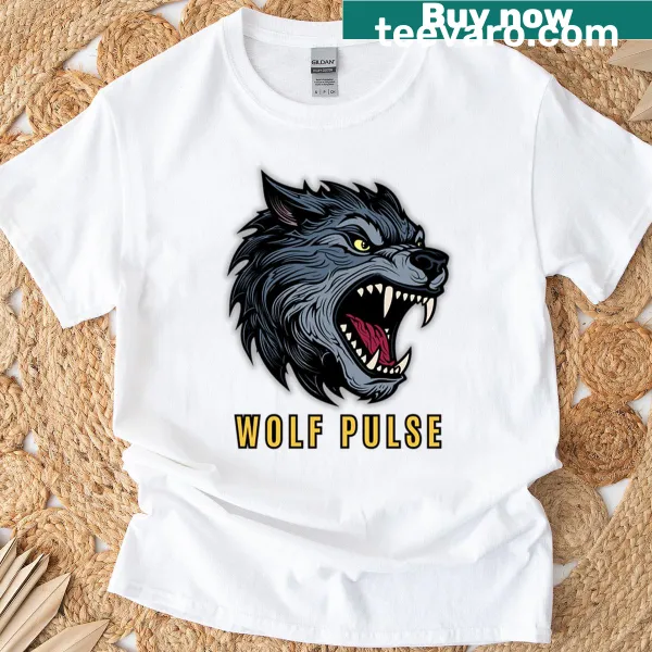 Wolf silhouette integrated with pulse line graphic on a T-shirt