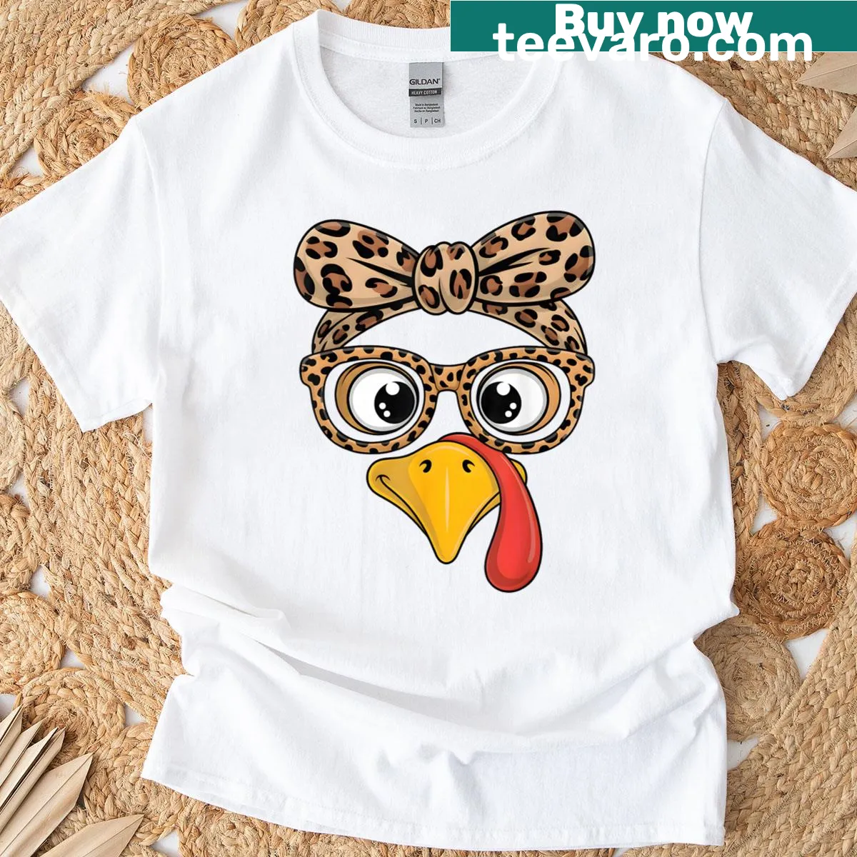 Girls' Thanksgiving t-shirt with a turkey face and leopard glasses design. — on a men's t-shirt