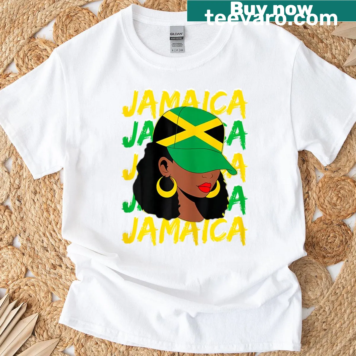 Illustration of Afro woman with Jamaican flag for pride — on a men's t-shirt