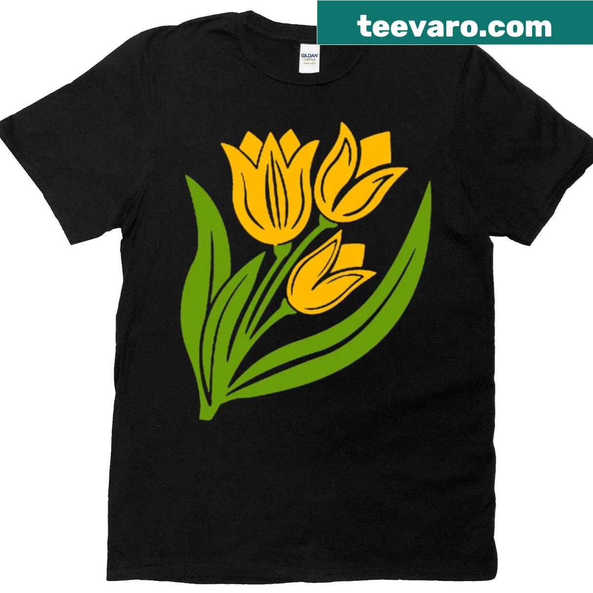 Bright floral illustration of a yellow tulip on a t-shirt — on a men's t-shirt