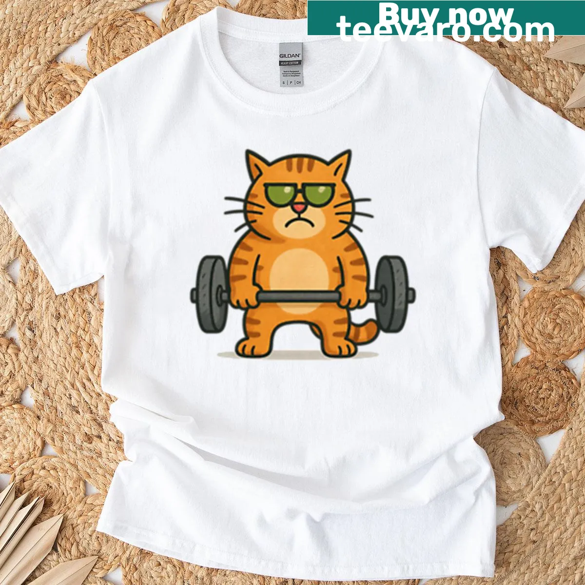 Cartoon cat Yoko lifting weights in a gym setting — on a men's t-shirt