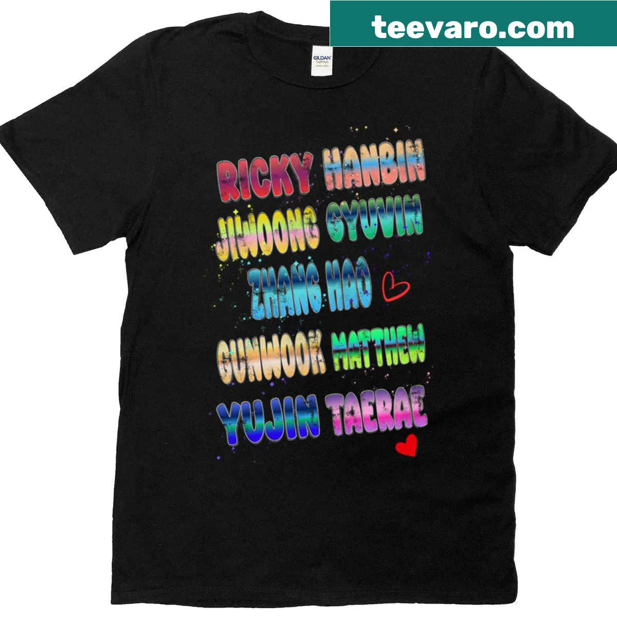 T-shirt displaying artistic typography of Zerobaseone members' names — on a men's t-shirt