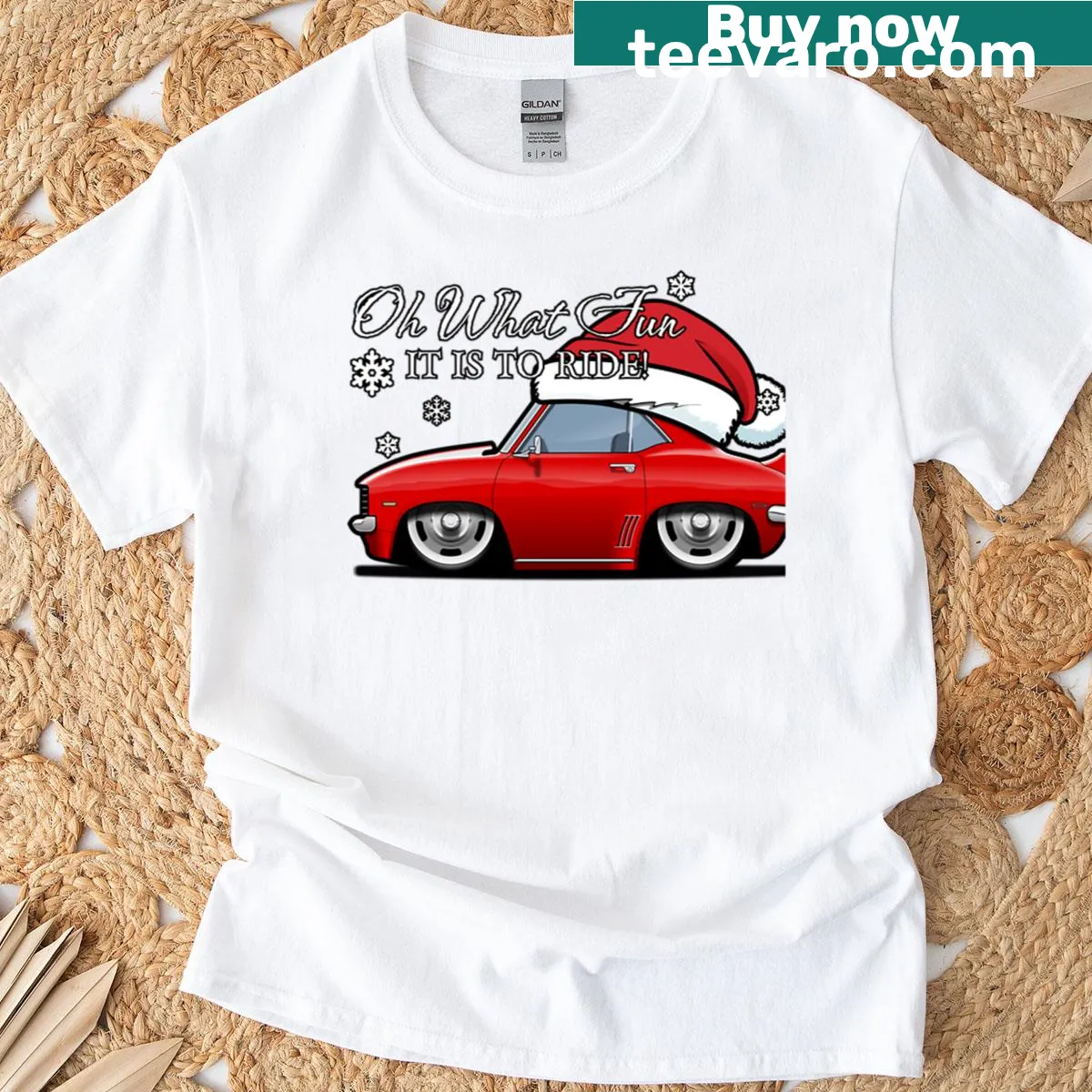 1969 Camaro graphic with holiday text on a T-shirt — on a men's t-shirt