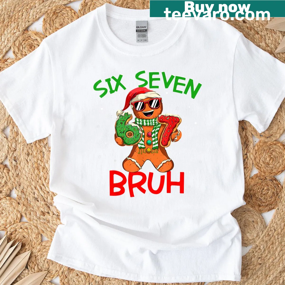 Whimsical T-shirt with gingerbread man and 67 meme — on a men's t-shirt