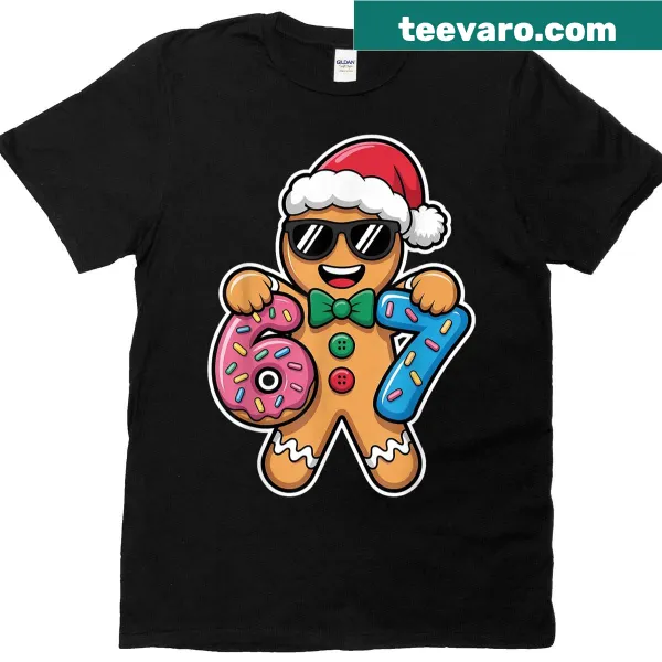 Funny Christmas t-shirt for kids with gingerbread design and '67' text