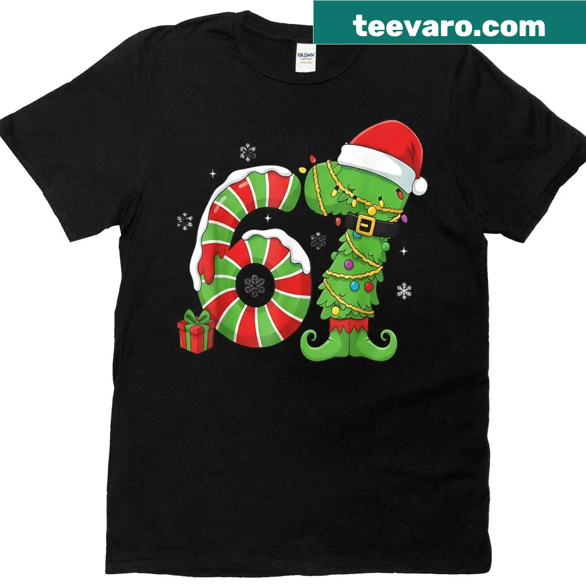 Fun Christmas t-shirt with the phrase '67 Six Seven Bruh Elf' in playful typography. — on a men's t-shirt