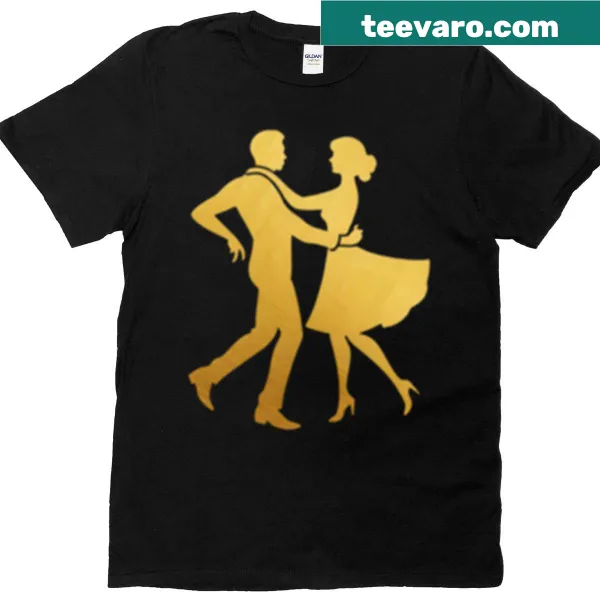 Illustrated t-shirt showing a couple ballroom dancing from a side view