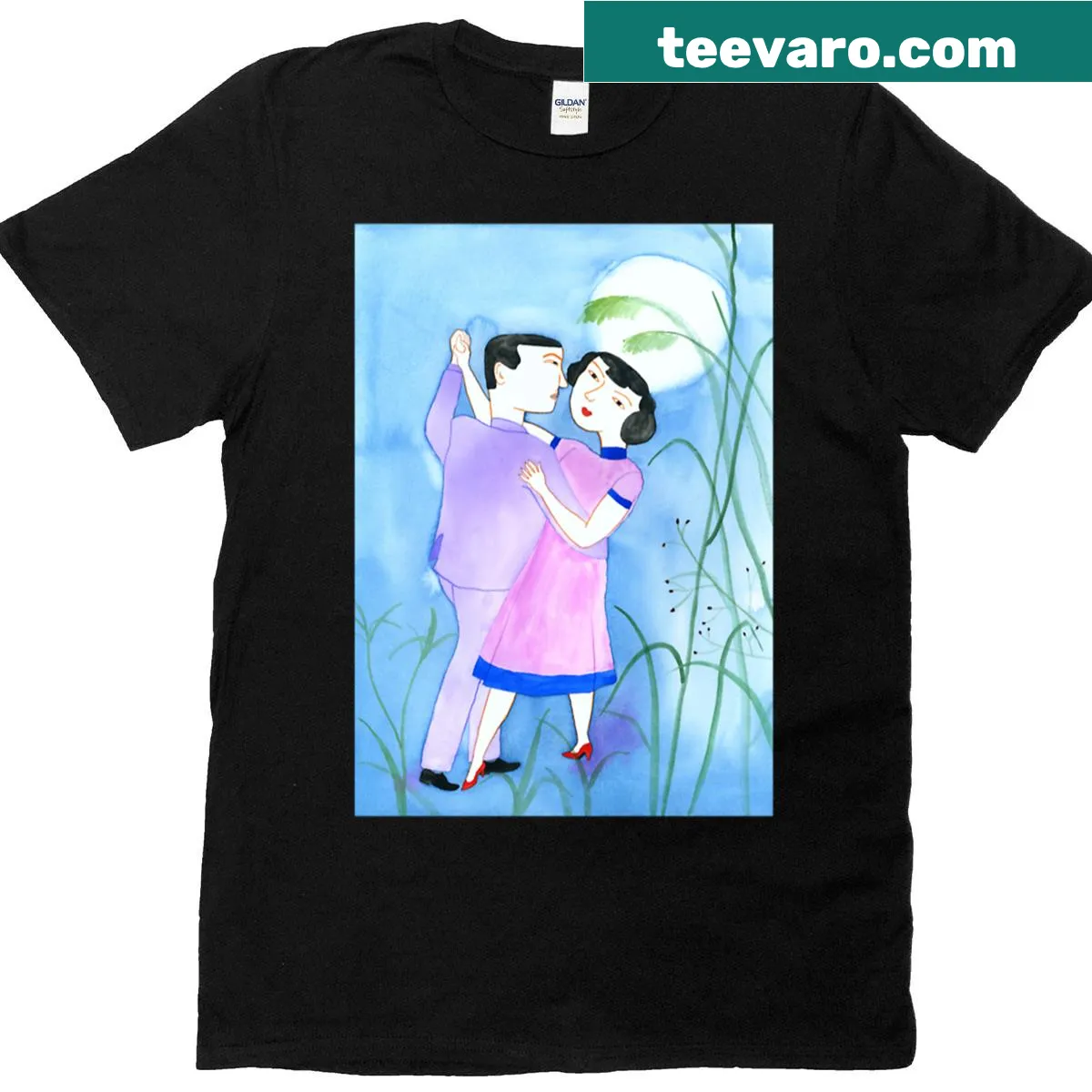 T-shirt depicting a serene dance scene under the moonlight — on a men's t-shirt