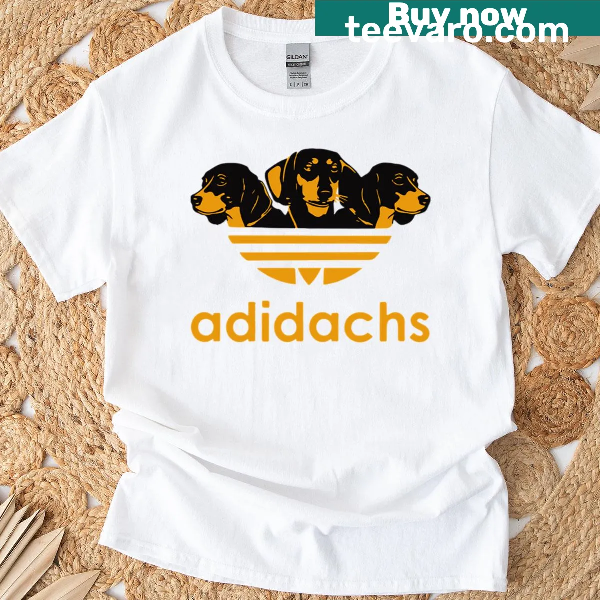 Funny dachshund-themed t-shirt in an Adidas style — on a men's t-shirt