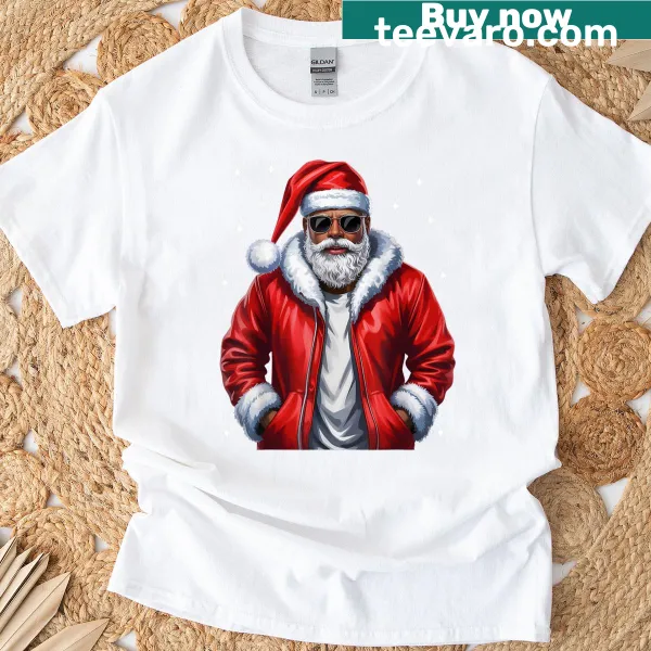 Charming Afro Santa Claus graphic on a Christmas t-shirt