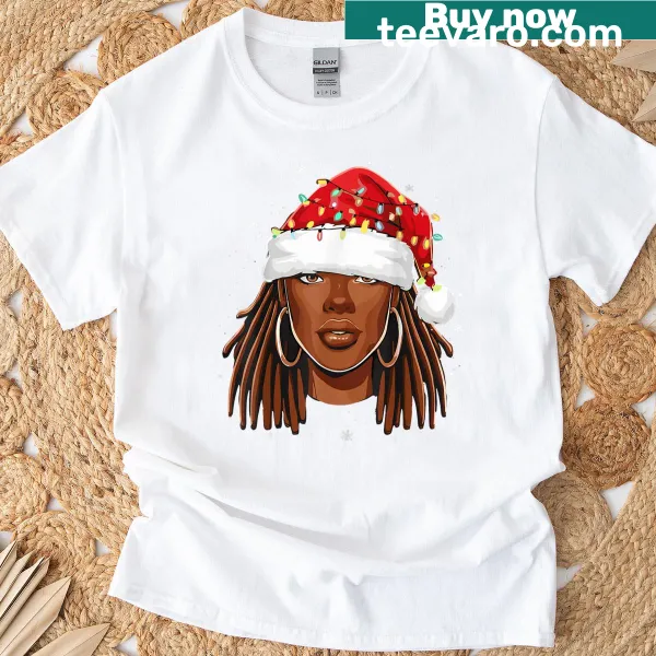 Afro woman in Christmas lights and Santa hat for festive wear