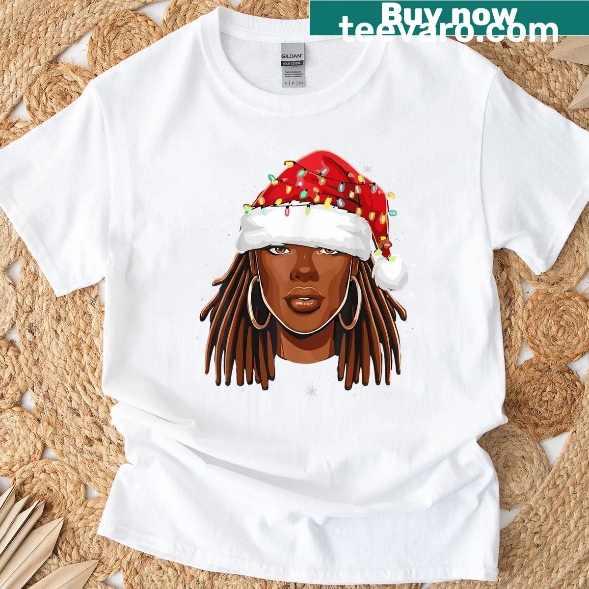 Afro woman in Christmas lights and Santa hat for festive wear — on a men's t-shirt