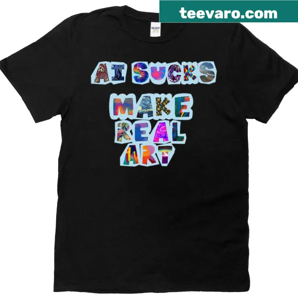 T-shirt with bold text saying 'Ai Sucks' in a fun typographic design