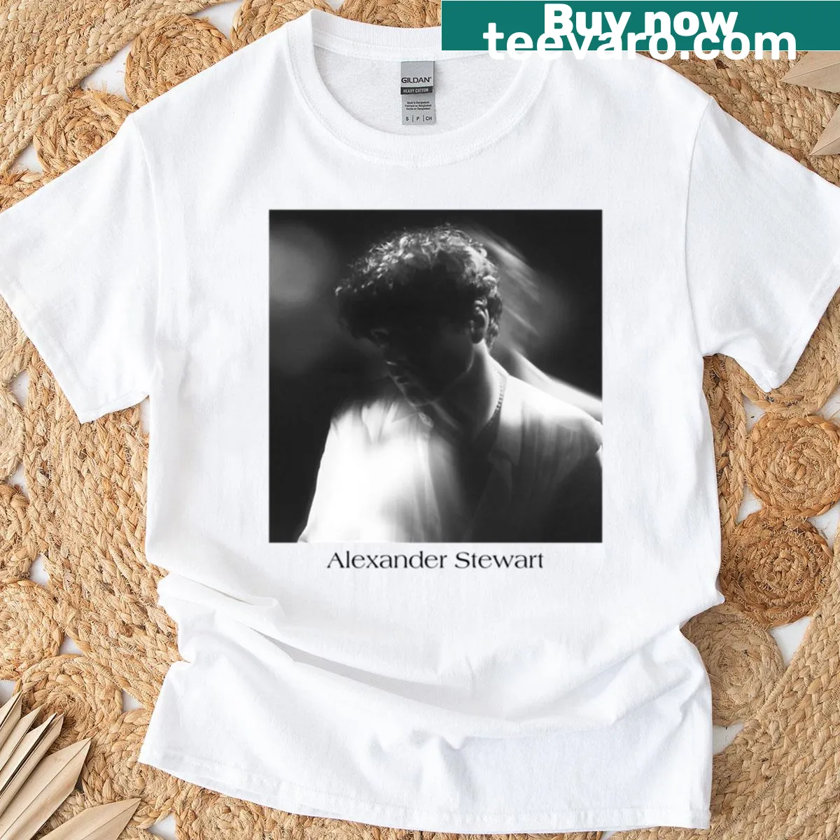Minimalist typography T-shirt featuring Alexander Stewart album art — on a men's t-shirt