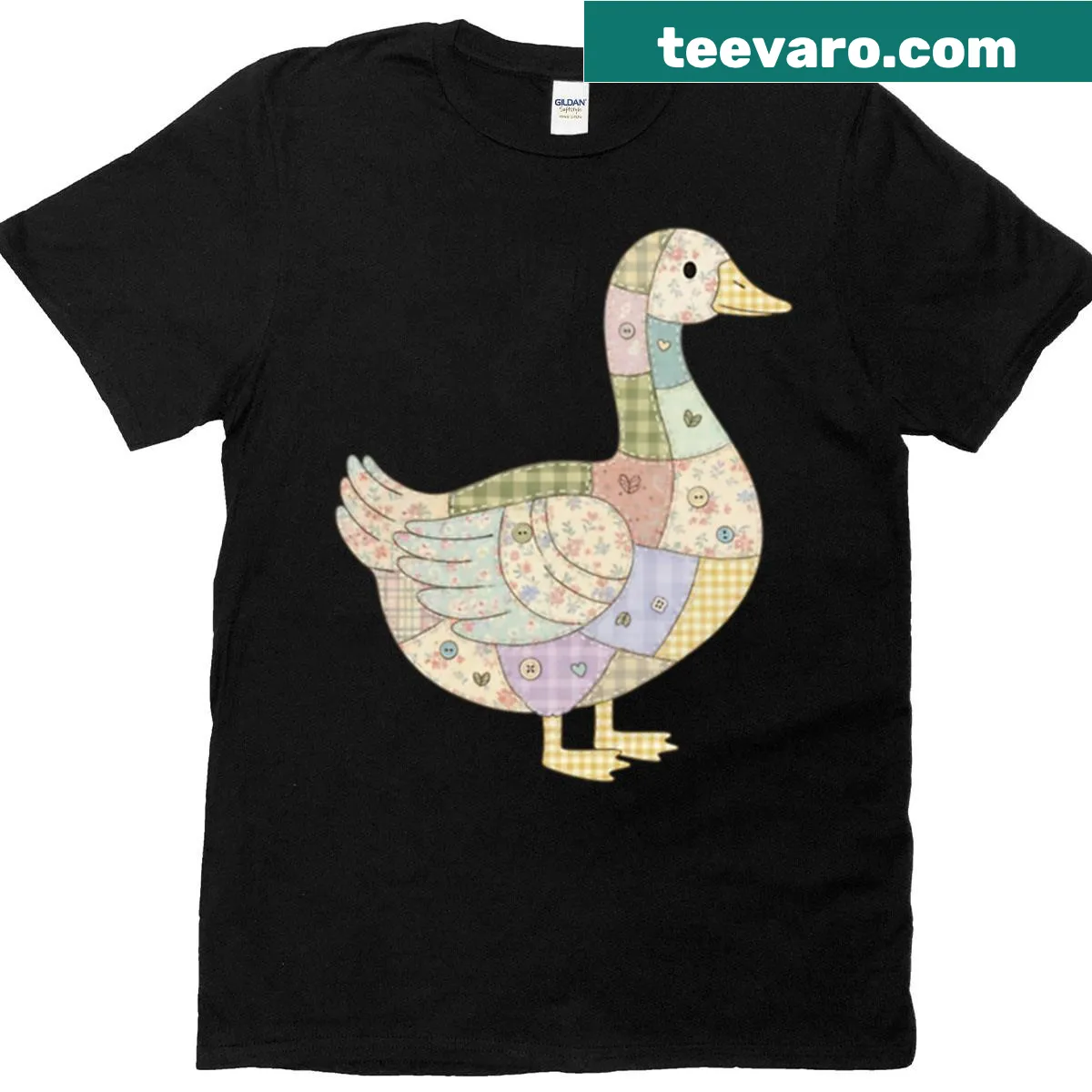 Patchwork goose illustration on a t-shirt, evoking autumn vibes — on a men's t-shirt