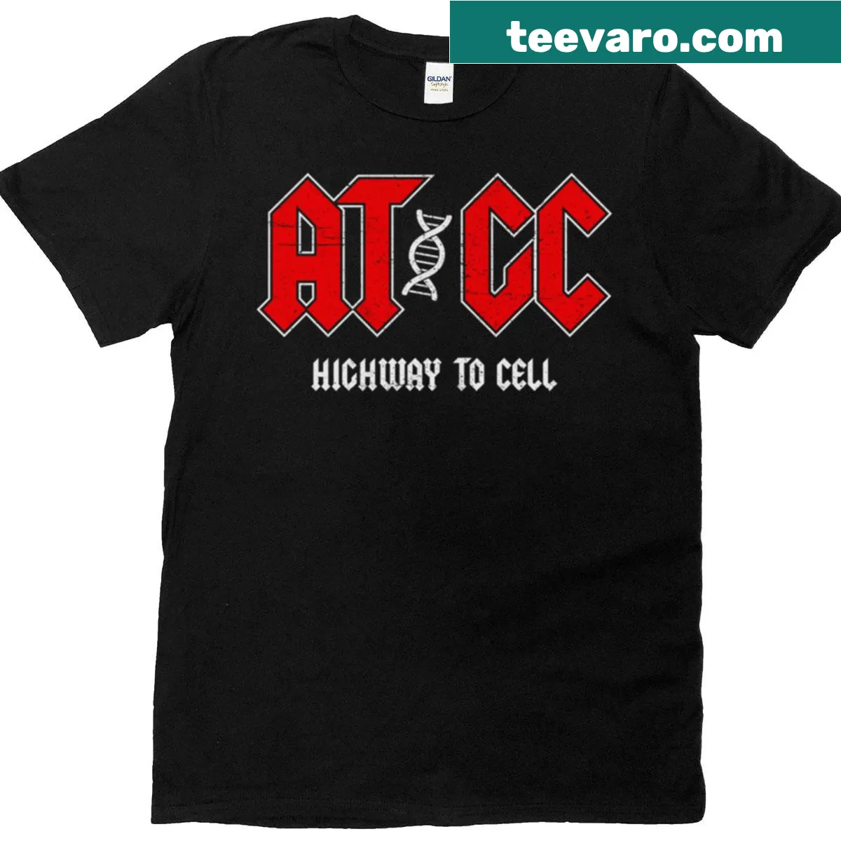 Funny biology-themed t-shirt featuring ATGC and a highway graphic — on a men's t-shirt