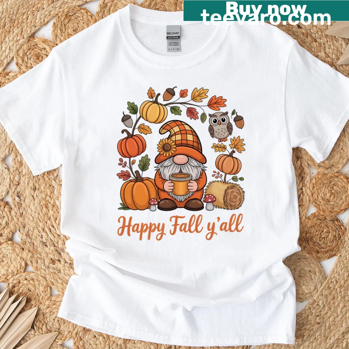 Autumn gnome illustration T-shirt — on a men's t-shirt