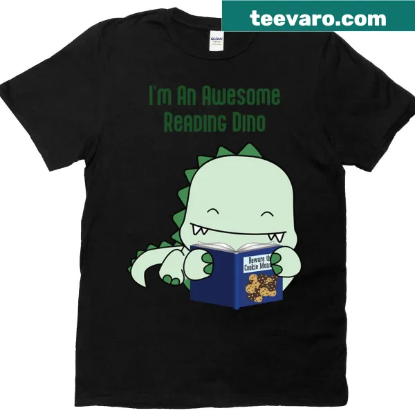 T-shirt featuring a dinosaur reading a book in a whimsical design