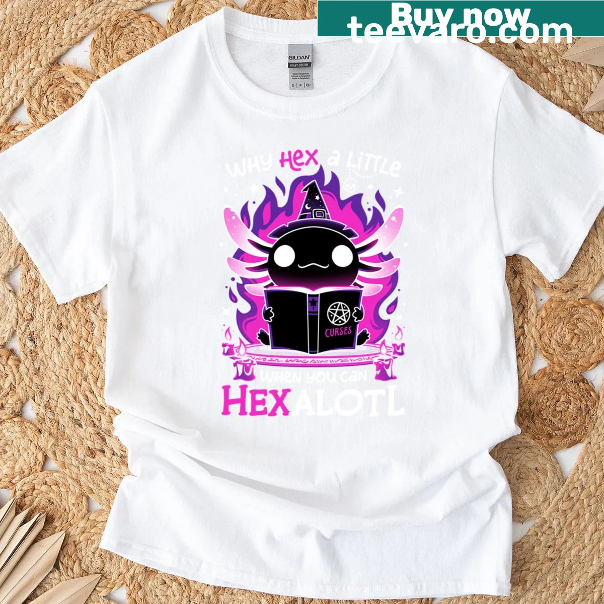 Illustration of a whimsical axolotl in a witch hat with spooky elements — on a men's t-shirt