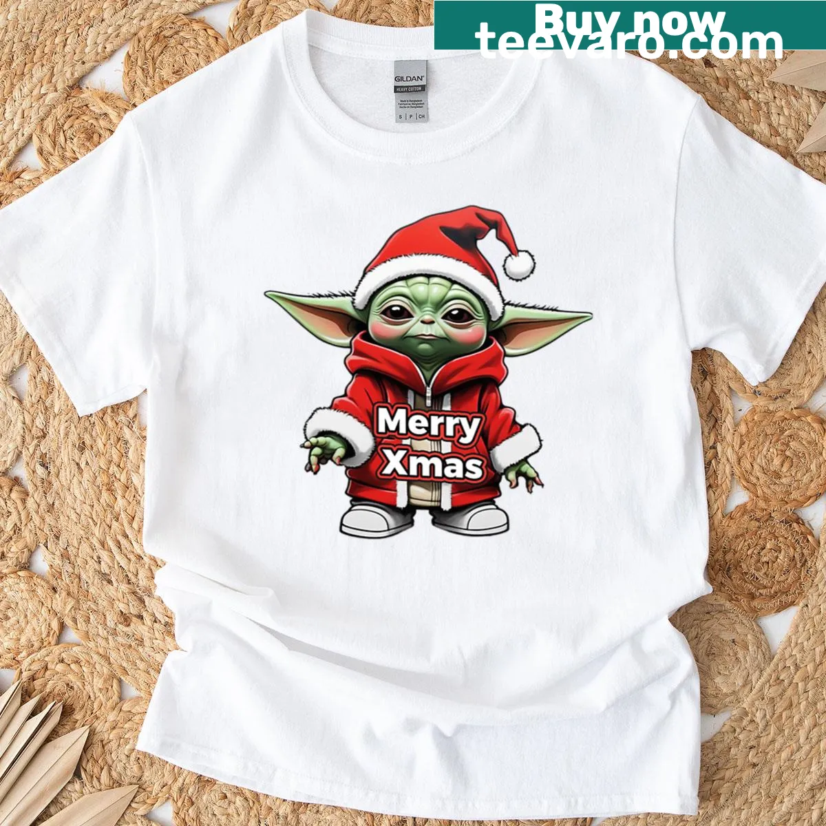 Baby Yoda Christmas graphic on a T-shirt — on a men's t-shirt