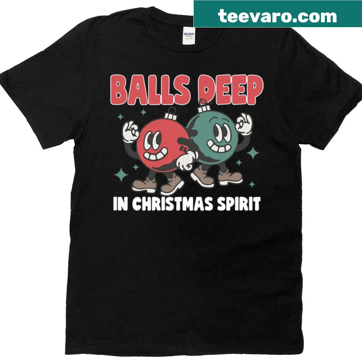 Humorous Christmas shirt with 'Balls Deep In Christmas Spirit' text — on a men's t-shirt