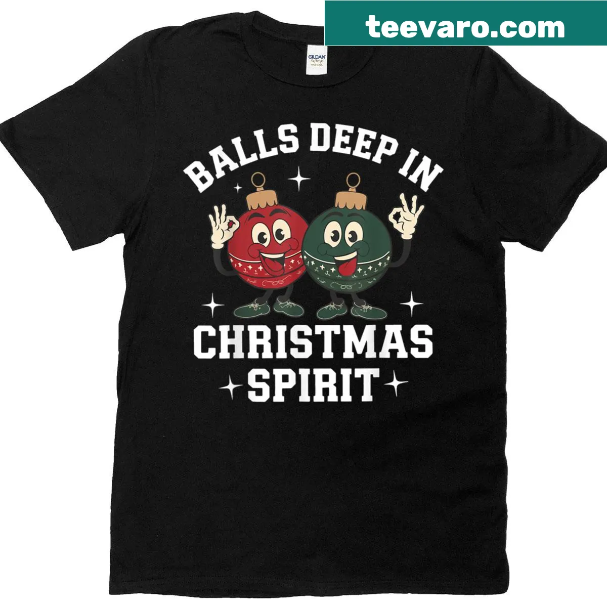 Vulgar funny Christmas shirt with 'Balls Deep In Christmas Spirit' text — on a men's t-shirt