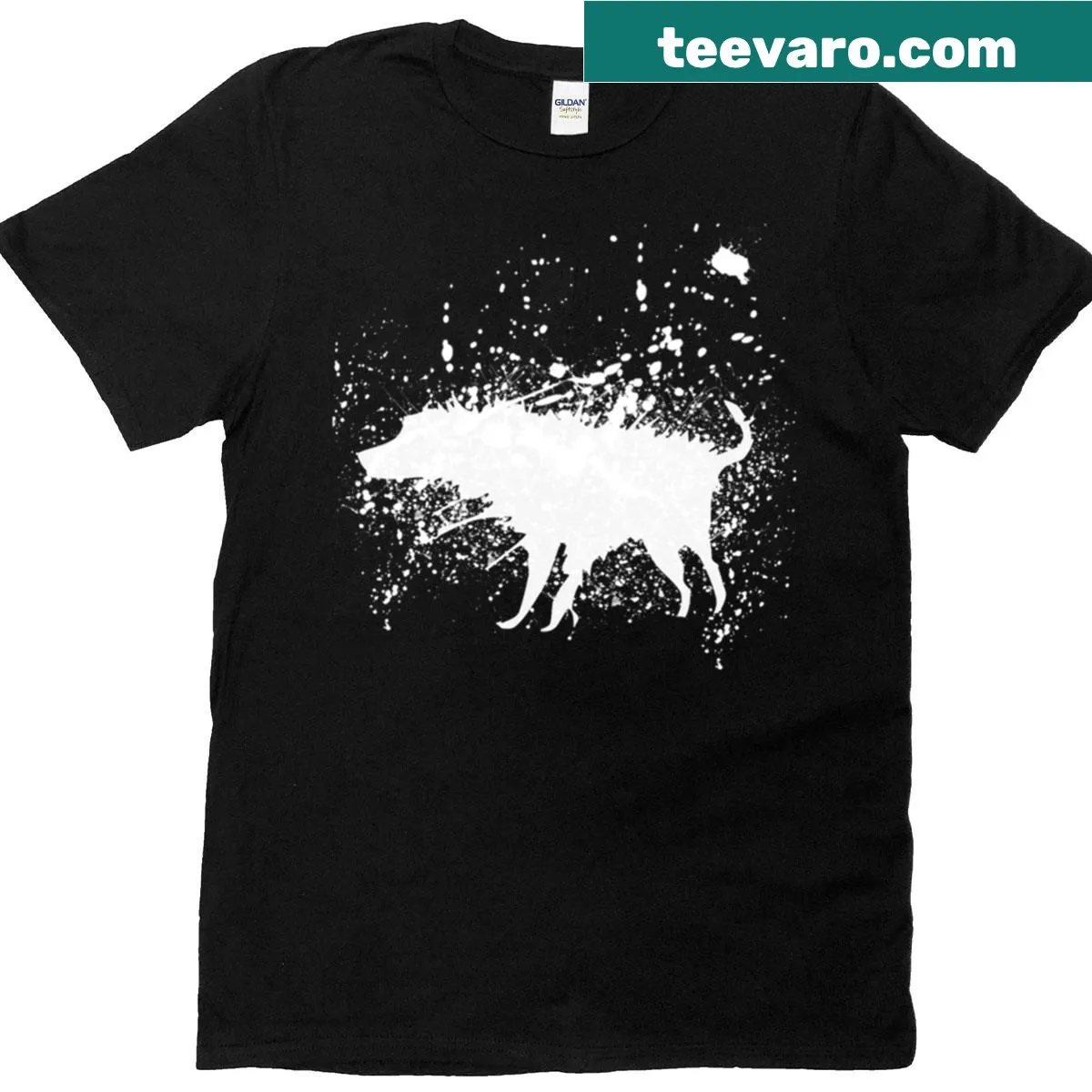 Artistic t-shirt featuring a dog in Banksy splash style — on a men's t-shirt