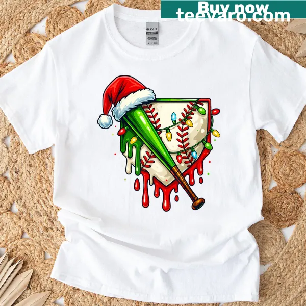 Playful Christmas T-shirt with baseball in Santa hat and ice cream