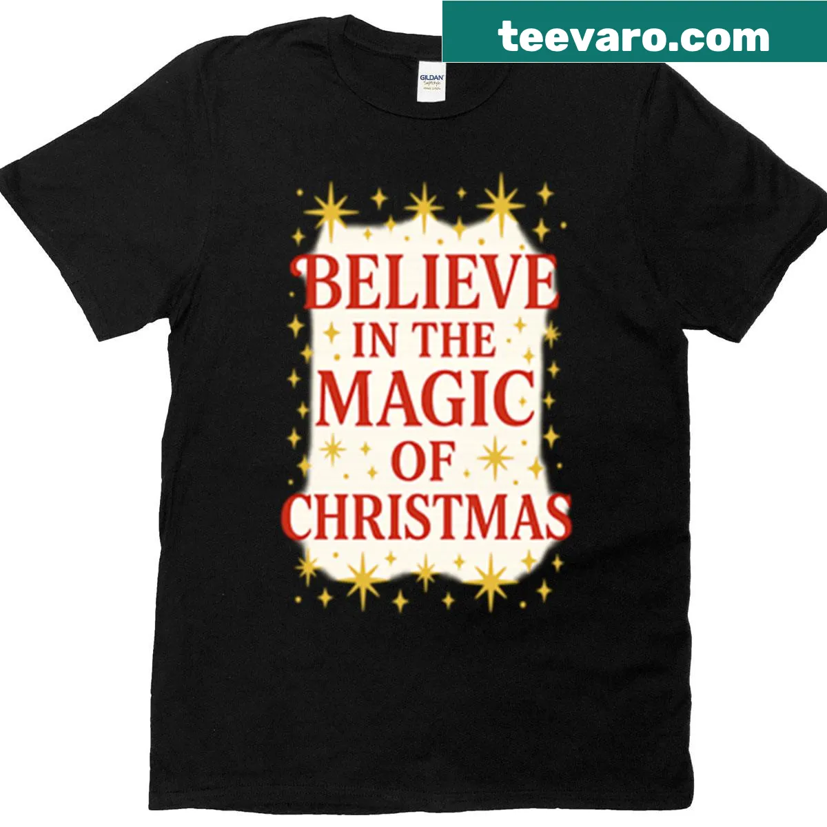 Typography t-shirt with the phrase 'Believe In The Magic Of Christmas' in a sparkly design. — on a men's t-shirt