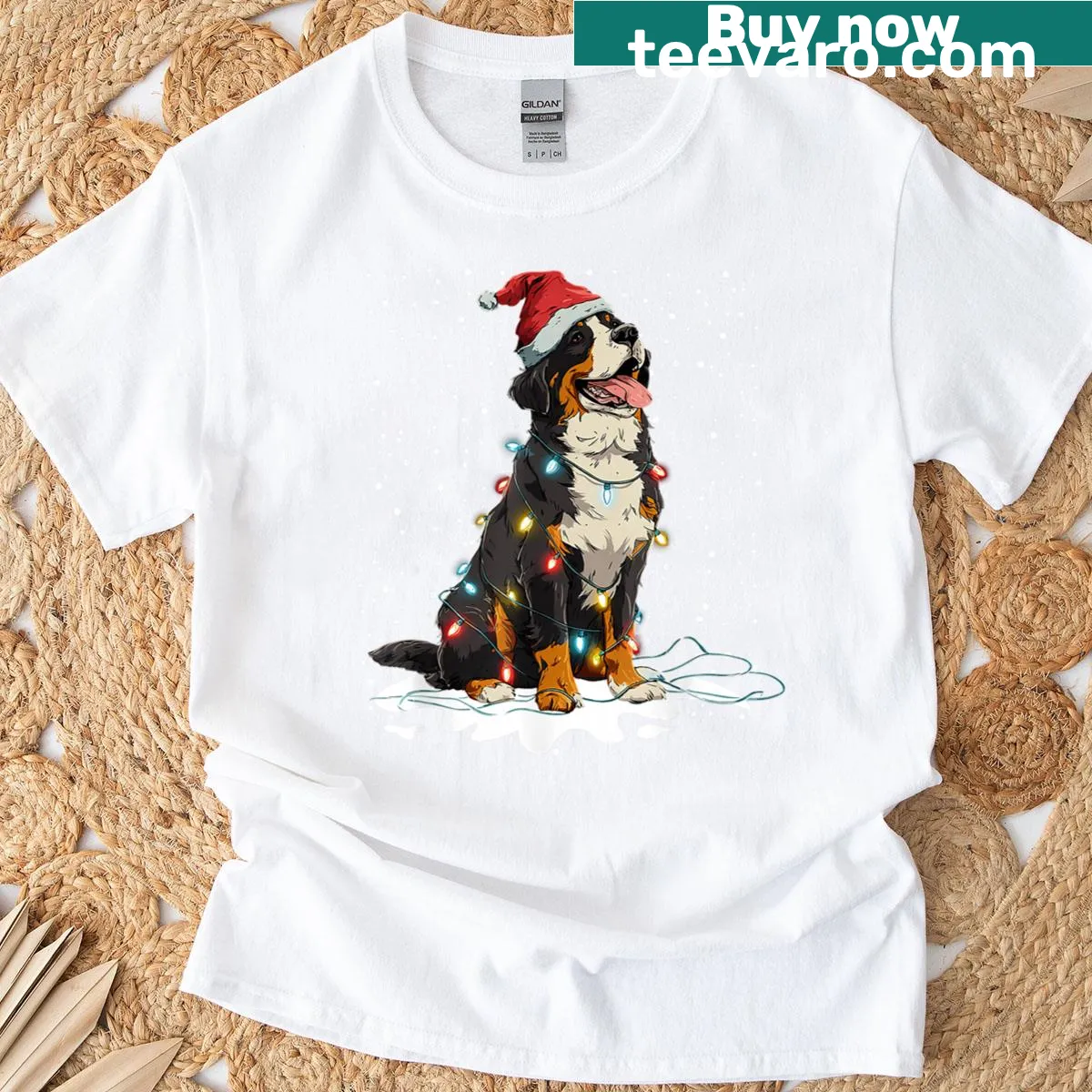 Cute Christmas T-shirt featuring a Bernese Mountain Dog with Christmas lights — on a men's t-shirt