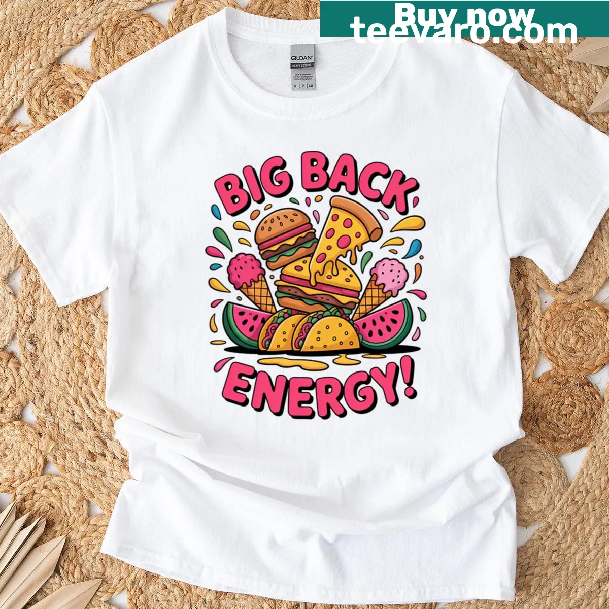 T-shirt with the phrase 'Big Back Energy' in bold typography. — on a men's t-shirt