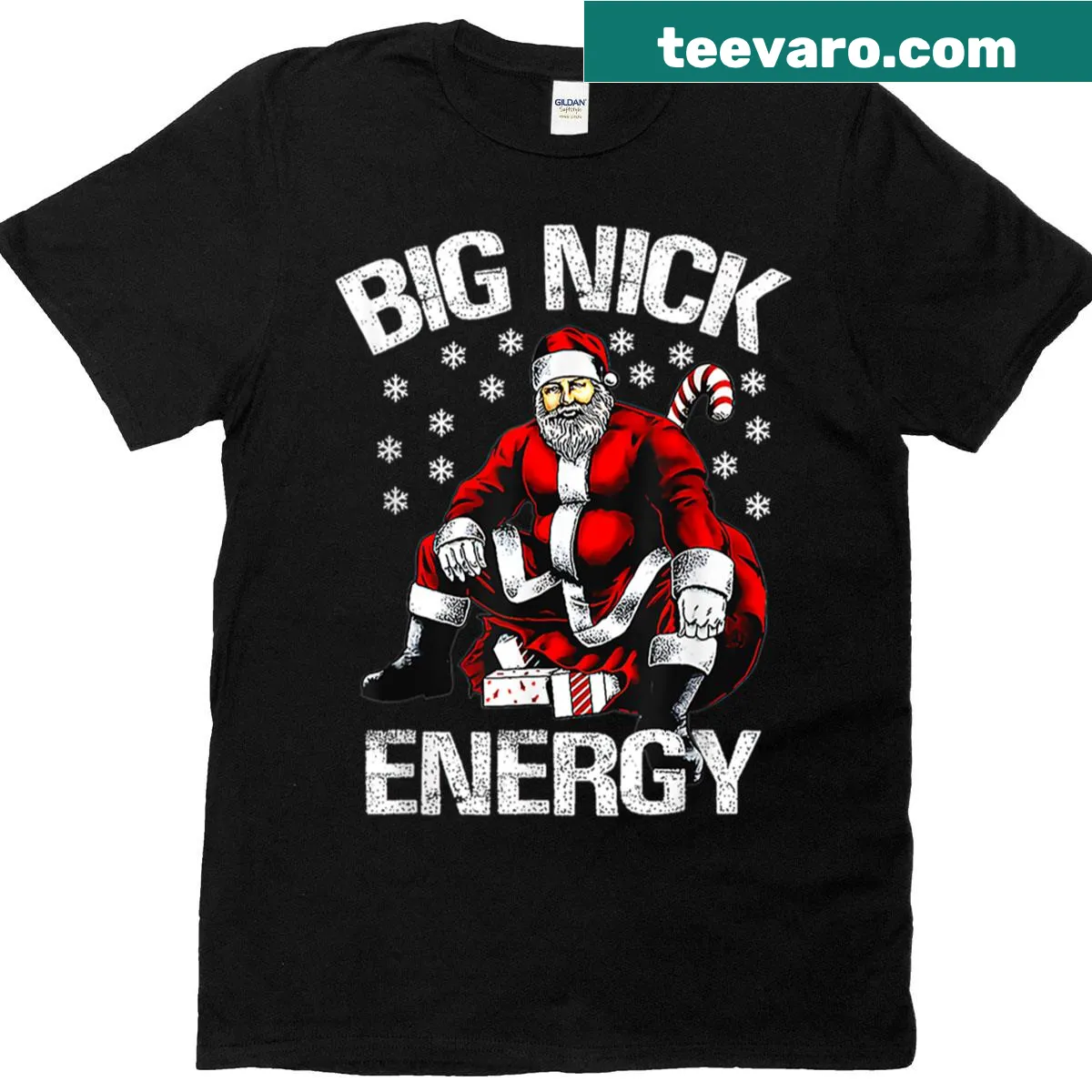 Funny Santa t-shirt with the phrase Big Nick Energy — on a men's t-shirt