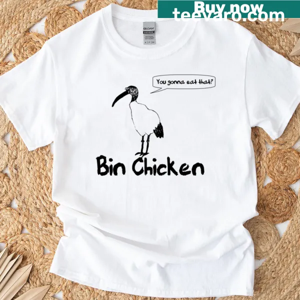 Whimsical T-shirt featuring a cartoon illustration of a bin chicken.