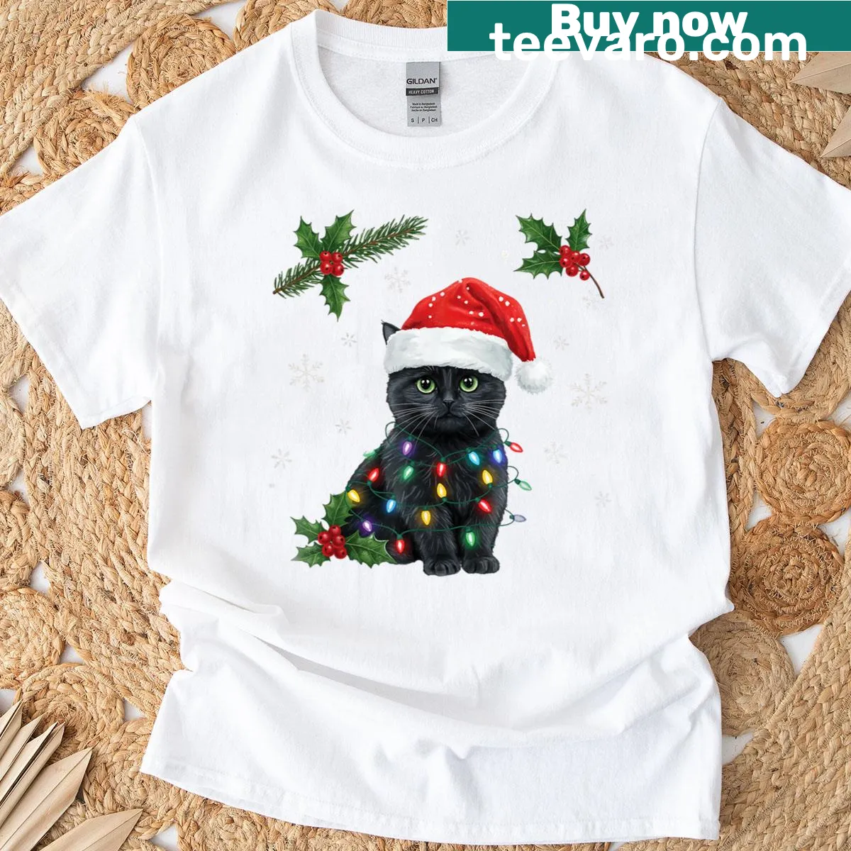 Cute T-shirt featuring a black cat with a Santa hat and Christmas lights — on a men's t-shirt
