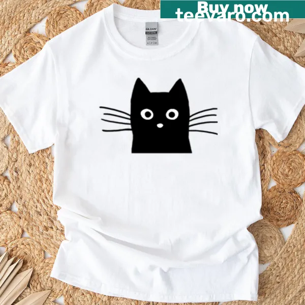 Cute illustration of a black cat's face on a T-shirt