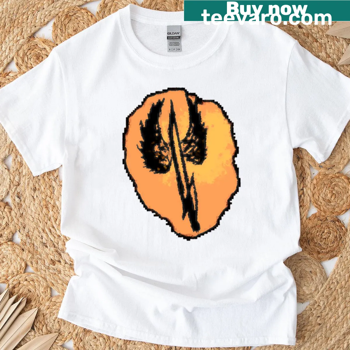 Fantasy-themed T-shirt featuring a bold emblem of a flying blade. — on a men's t-shirt