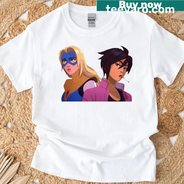 Illustration of a blonde blazer and Invisigal character on a t-shirt
