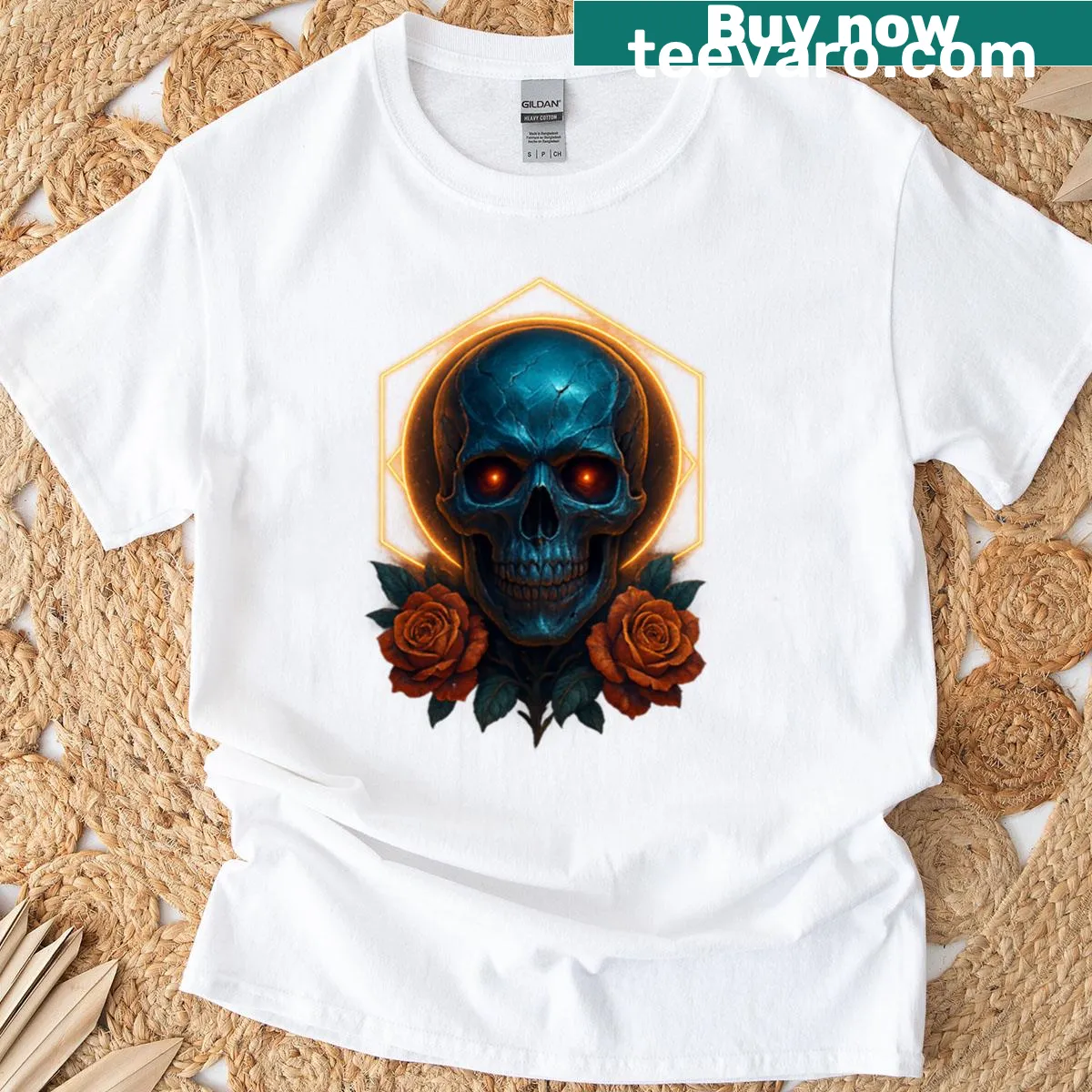 Bold blue skull illustration surrounded by fiery hexagon on t-shirt — on a men's t-shirt