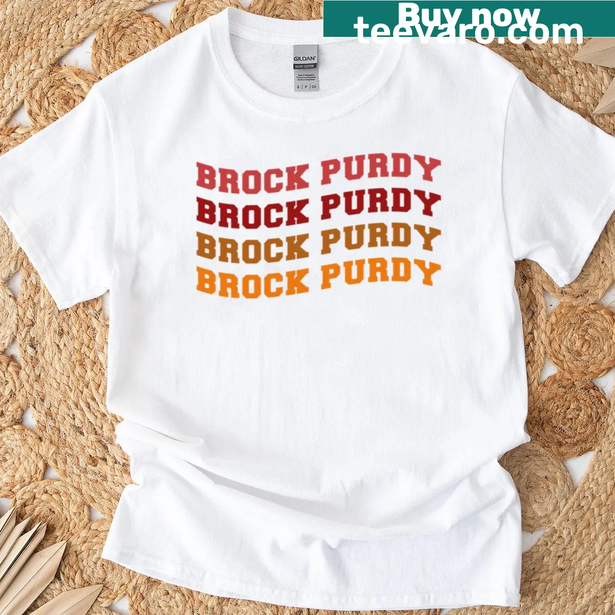 Graphic T-shirt featuring Brock Purdy and flag design — on a men's t-shirt