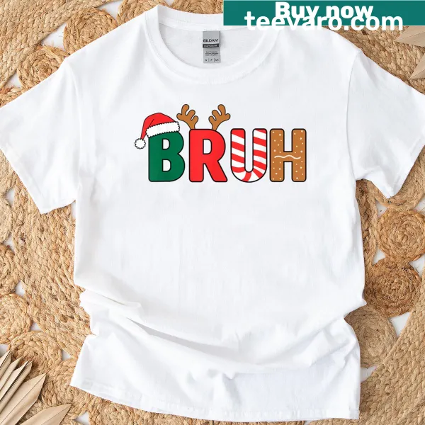 Funny Christmas tee with the word 'Bruh' in festive design
